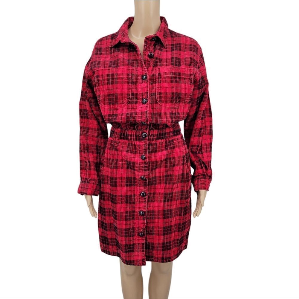 FADS 80s Corduroy Cotton Plaid Red Shirt Dress Buffalo Check Vintage Midi